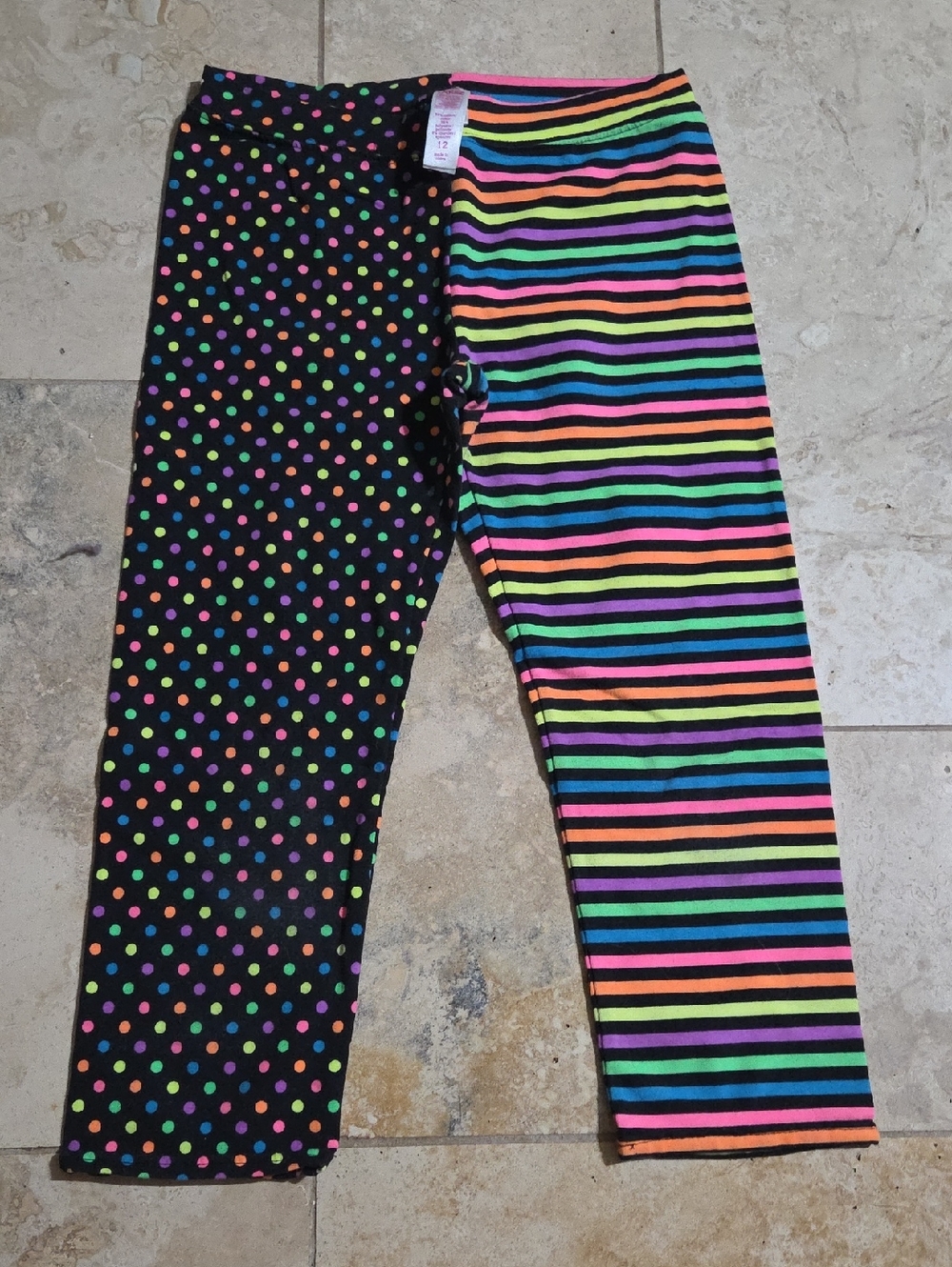 Justice Girls Size 12 Black Neon Capri Leggings Polka Dot Stripe